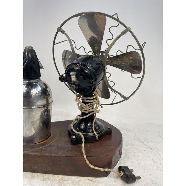 Industrial Vintage Ornament with Antique Fan and Wood Base, 1920s For Sale - Image 3 of 10