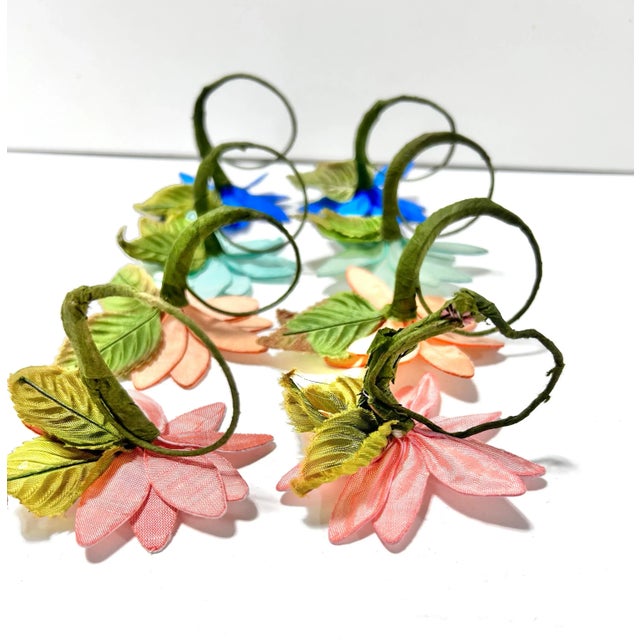Textile Vintage Handmade Silk Flower Napkin Rings – Multicolor Millinery, Set of 8 For Sale - Image 7 of 9