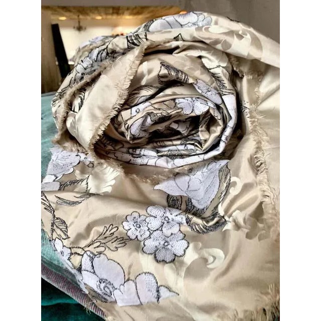 Midcentury embroidered silk fabric, white floral champagne taupe, rare vintage. Gorgeous midcentury textile. Marked 100...
