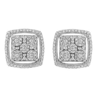 .925 Sterling Silver 3/8 Cttw Miracle Set Round Diamond Double Halo Cluster Earrings (I-J Color, I2-I3 Clarity) For Sale