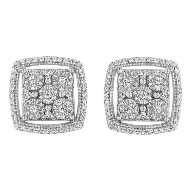 .925 Sterling Silver 3/8 Cttw Miracle Set Round Diamond Double Halo Cluster Earrings (I-J Color, I2-I3 Clarity) For Sale