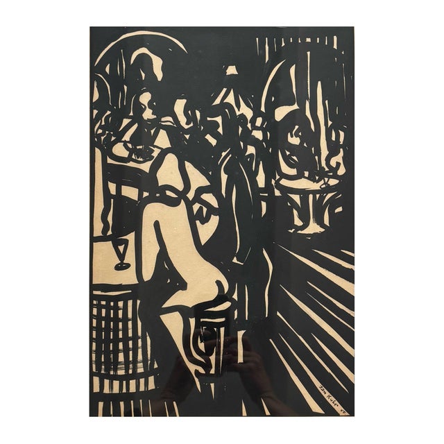 Great artwork, a linocut, by Dutch artist Jan Kuhr. The art work represents a fibrant bar environment with in front a...