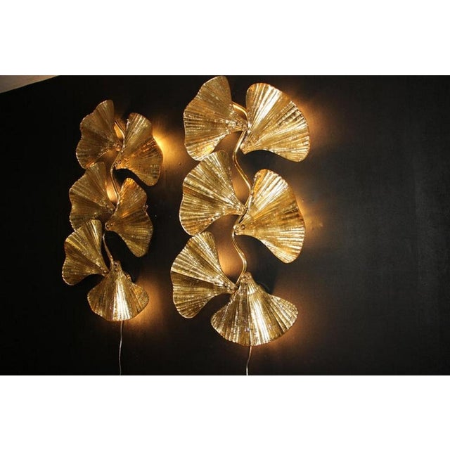 Golden Gingko Murano Glass Leaf Sconces in the style of Tommaso Barbi, 1990s, Set of 2 For Sale - Image 7 of 18