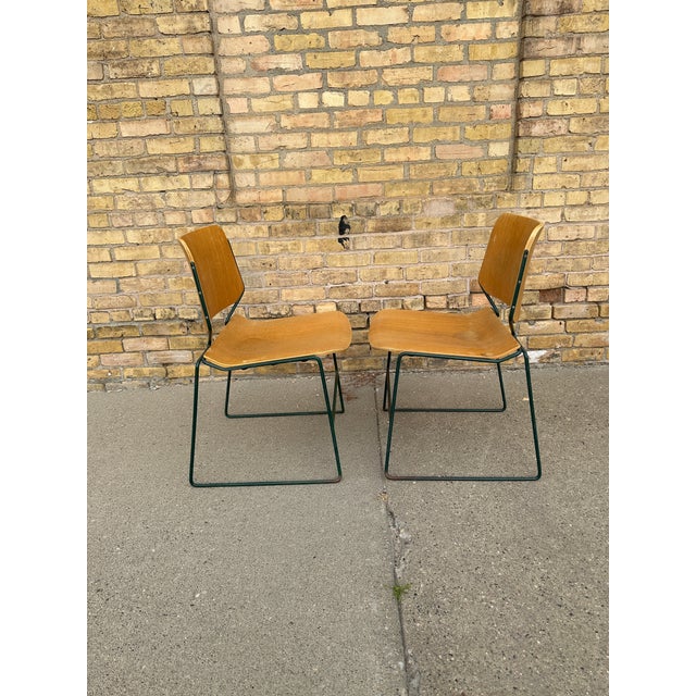 Mid-Century Modern Vintage German School Chairs – Set of 8 – Green Metal + Plywood (Stackable) For Sale - Image 3 of 8