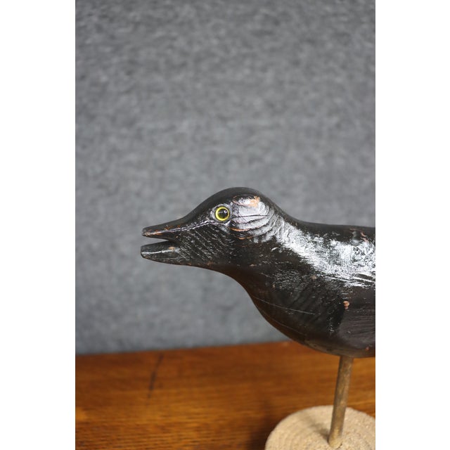 Early 20th Century Early 20th Century Carved Black Crow Folk Art Decoy on Wood Base For Sale - Image 5 of 12