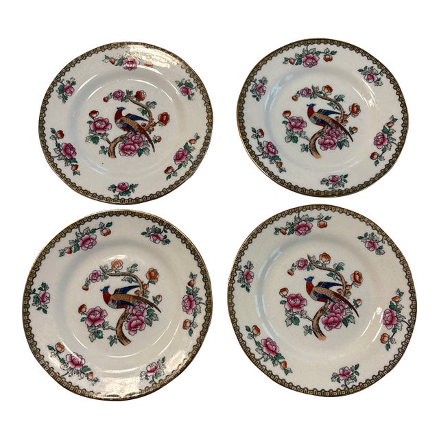Early 20th Century F. Winkle & Co Whieldon Ware Pheasant Fruit Saucer Set of 4 For Sale