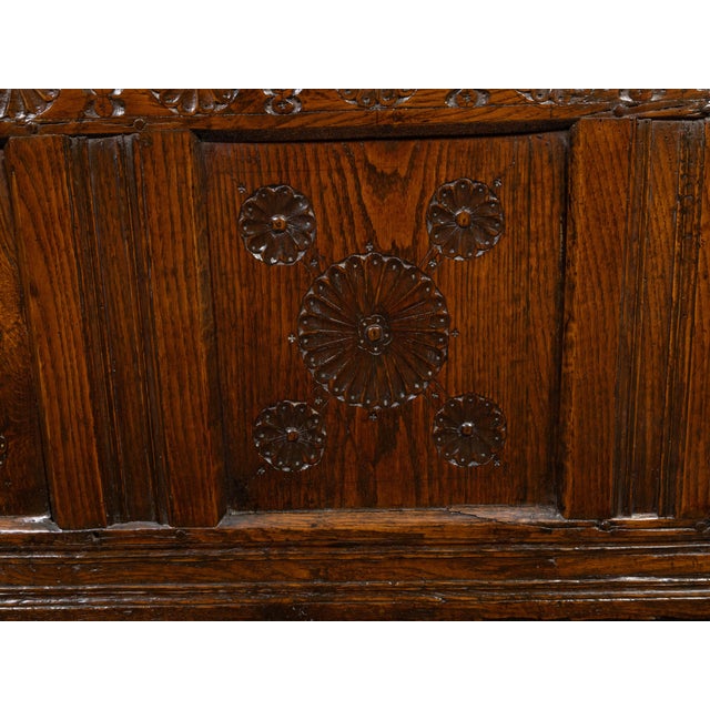 English Late 17th Century English Oak Wedding Coffer with Monogram and Carved Rosettes For Sale - Image 3 of 12