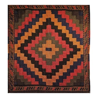 Vintage Persian Sofreh Qashqai Tribal Kilim, Handwoven Wool, Geometric Multicolor Pattern, 4x4 For Sale