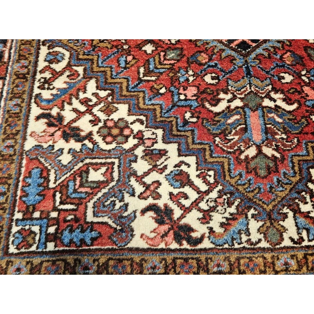 Vintage Heriz Area Rug, Handwoven Geometric Pattern, Red & Navy, 5’ X 7’ For Sale - Image 10 of 11
