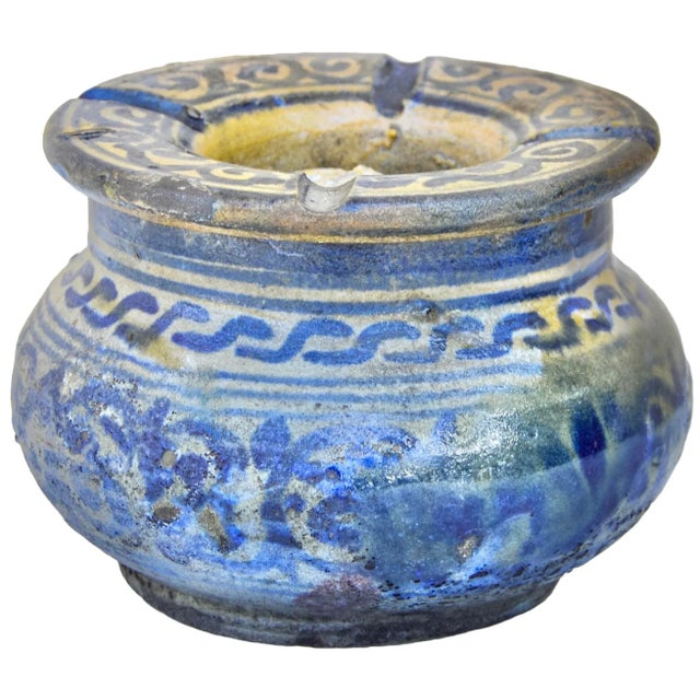 Antique Handmade Moroccan Ceramic Ashtray With Blues For Sale - Image 4 of 10