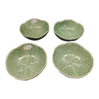 Vintage Bordallo Pinheiro Green White Vein Cabbage Bowls- Set of 4 For Sale