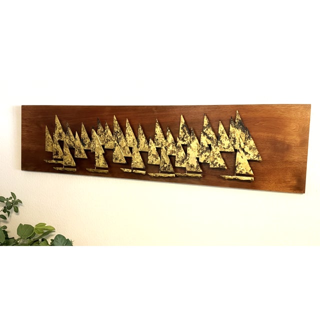 Mid-Century Modern 1960s Peter Pepper Brass Sailboats Wall Sculpture on Walnut Panel | Mid-Century Modern California Brutalist Art For Sale - Image 3 of 9