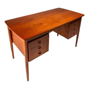 Petite Danish Mid-Century Modern Six-Drawer Writers Desk in Teak With Built-In Storage Shelves, Denmark, Circa 1960s