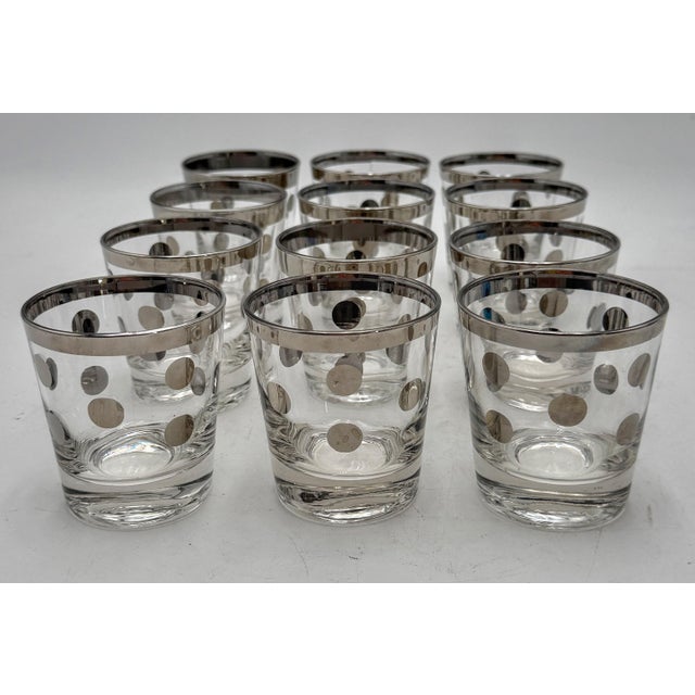1950s 12 Hollywood Regency Silver Overlay Old Fashioned Glasses, Atomic Dot Barware For Sale - Image 11 of 12