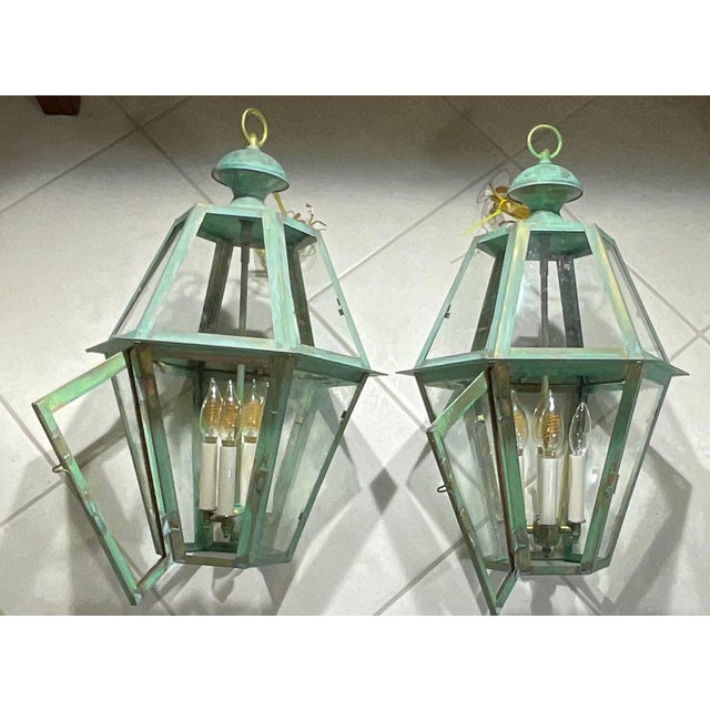 Exquisite Pair of Vintage Solid Brass Hexagonal Hanging Lanterns - 24” X 16” For Sale - Image 16 of 16