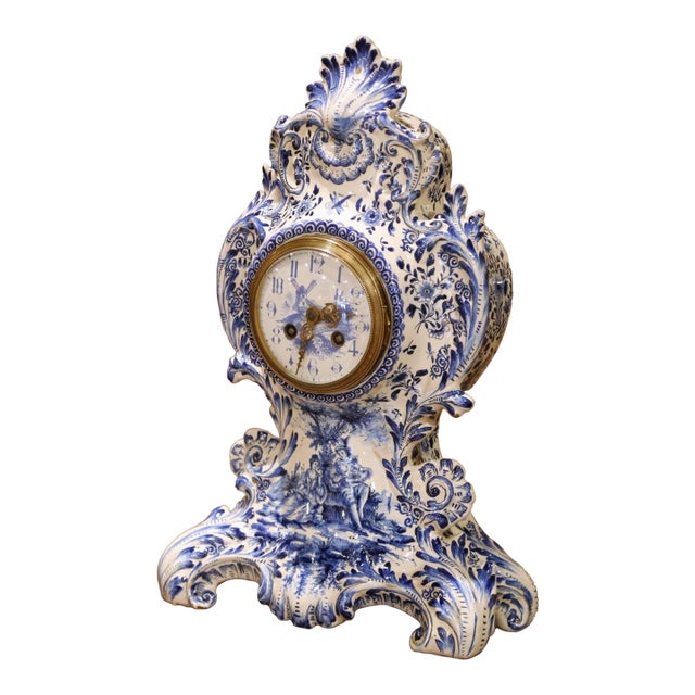 19th Century French Delft Blue and White Faience Mantel Clock With Windmill Scene For Sale