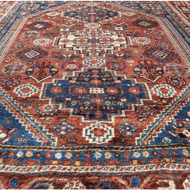 Antique Persian Shiraz Rug Tri-Medallion Geometrics in Rusty Orange and Blue** For Sale - Image 9 of 14