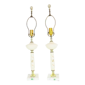 Vintage Italian Hand-Painted White Glass Column and Urn Shaped Bedside Lamps - a Pair