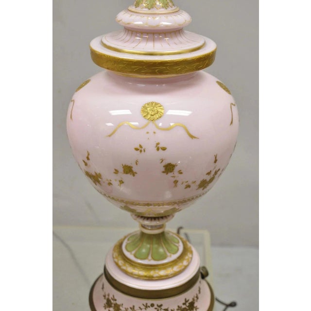 Antique French Louis XV Pink Porcelain Gold Painted Bulbous Table Lamps - A Pair For Sale - Image 9 of 12