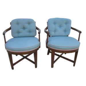 Vintage Dark Wood Arm Chairs With Blue Cushions by Old Colony Co- Set of 2