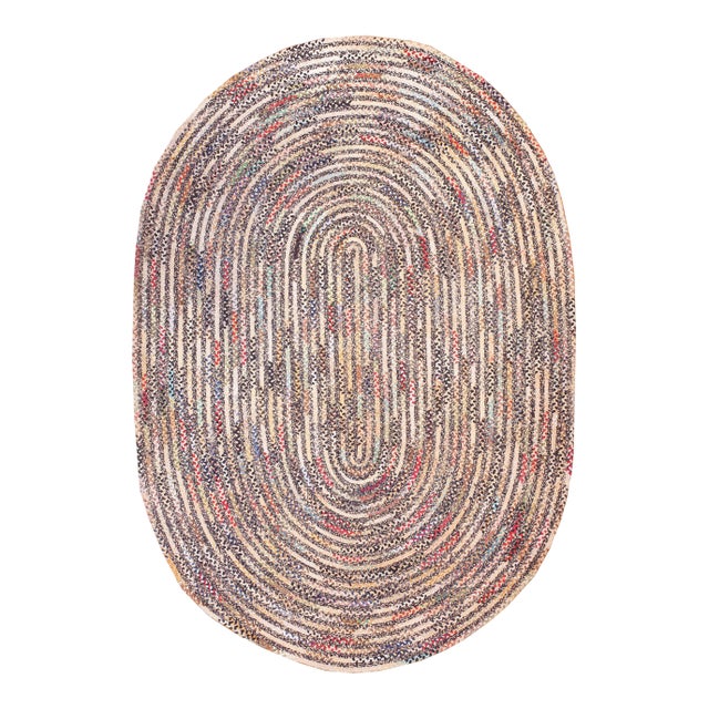 1930s Soft Colorful Abstract Antique American Braided Rug 6'3" X 9' Cotton Wool Carpet For Sale