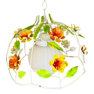 Vintage Italian Toleware-Style Hanging Light in Orange and Green. For Sale
