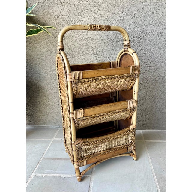 Mid 20th Century Mid 20th-Century Stylishly Functional Bamboo & Rattan 3-Tier Catchall "Basket" Media Storage Stand For Sale - Image 5 of 12