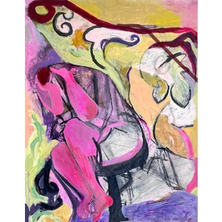 Listening to Your Fortune / Dark Pink Woman / Contemporary Offbeat Painting on Paper For Sale