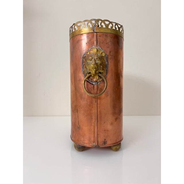 Late 19th Century Antique European Copper Planter With Brass Lion Head Handles & Pierced Gallery, Early 20th C. For Sale - Image 5 of 8