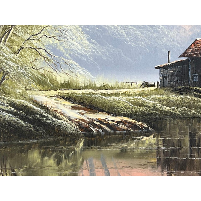 River Landscape with Water Mill in England with Lush Trees by British Artist 1976 For Sale - Image 4 of 16