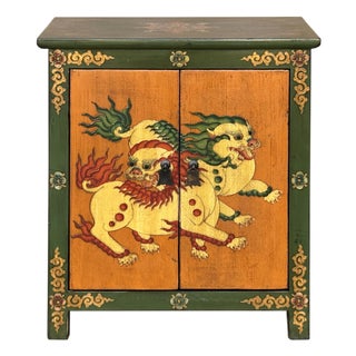 Tibetan Style Green Ochre Two Snowlions End Table Nightstand For Sale