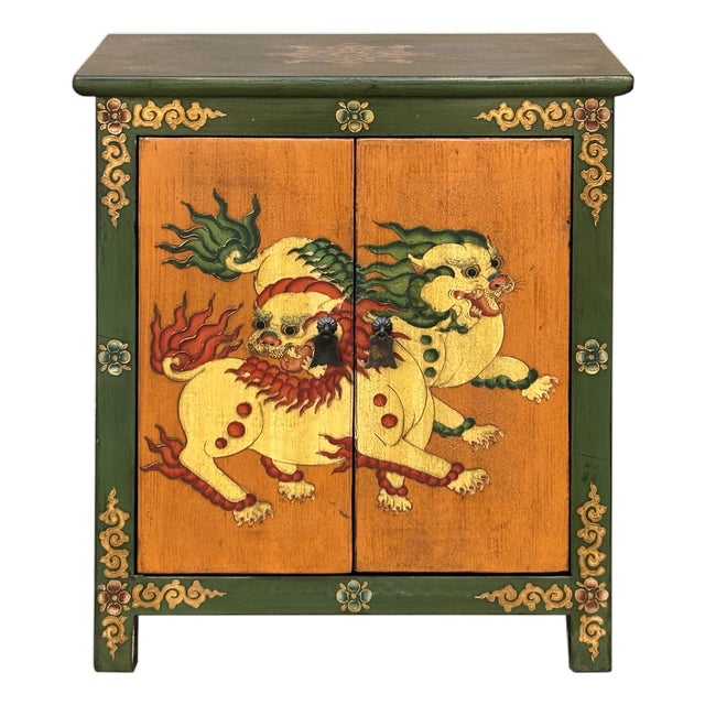 Tibetan Style Green Ochre Two Snowlions End Table Nightstand For Sale