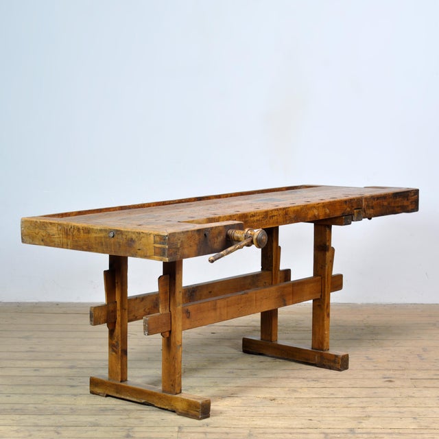 Industrial Vintage Oak Carpenters Workbench, 1920 For Sale - Image 3 of 13