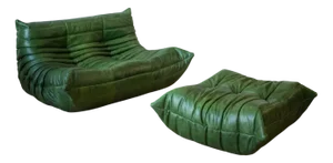 Set of Dubai Green Leather Togo Pouf and 2-Seater Sofa by Michel Ducaroy for Ligne Roset