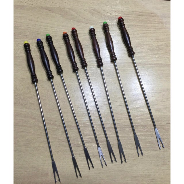 Vintage German Rostfrei wooden Fondue Fork Set of 8Teak Handled Forks and Colored Buttons in excellent conditions, greats...