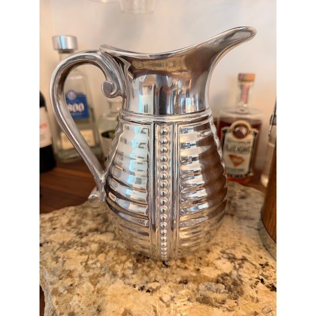Vintage Wilton Armetale “Flutes & Pearls” Pitcher | Ribbed Pewter-Tone Metal Water Jug | Barware For Sale - Image 4 of 8