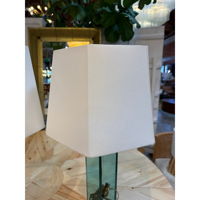 Blue 1970s Fontana Arte Style Brass and Blue Glass Table Lamps - a Pair For Sale - Image 8 of 10