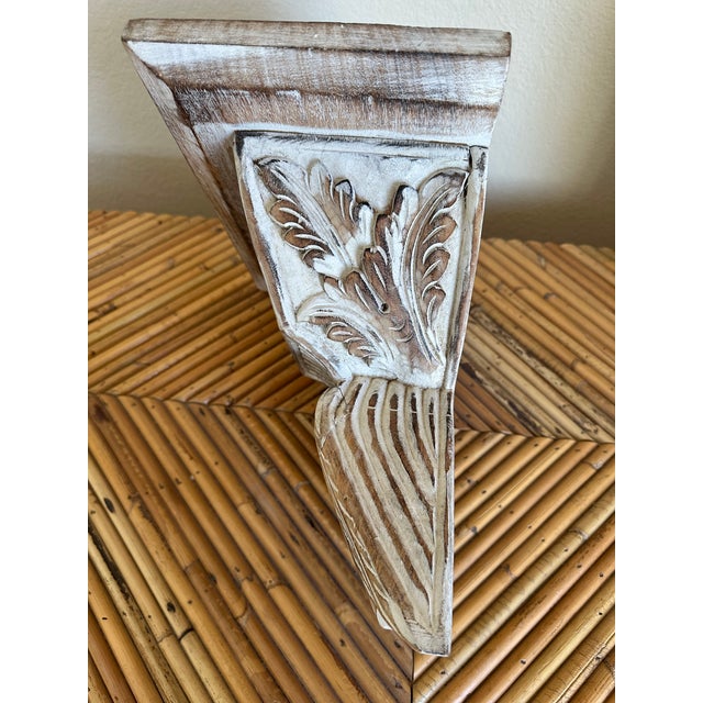 Wood Vintage Handcarved Whitewashed Wood Corbel Wall Shelf For Sale - Image 7 of 14