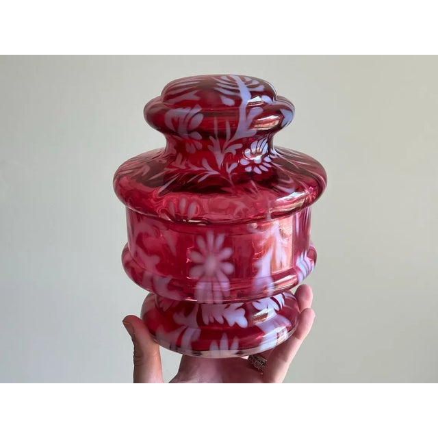 Dark Pink 1940s Cranberry 'Daisy & Fern' Apothecary Jar Attributed to Fenton for l.g. Wright For Sale - Image 8 of 8