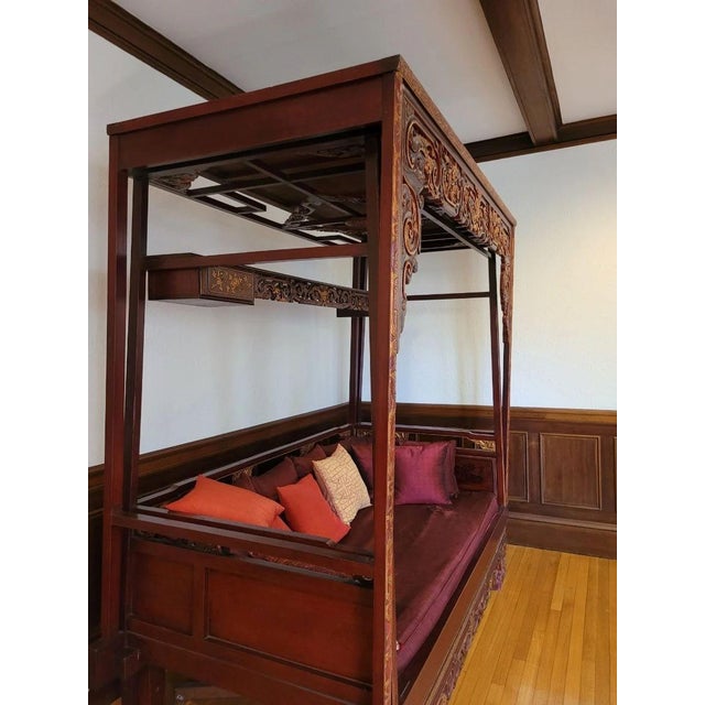 Red and gold lacquer Chinese wedding bed from early to mid-1900s. Bought in Indonesia, made in China. Modified in size...