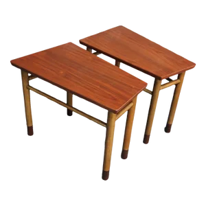 Pair of Mid-Century Walnut, Leather and Mahogany Wedge End Tables by Dunbar