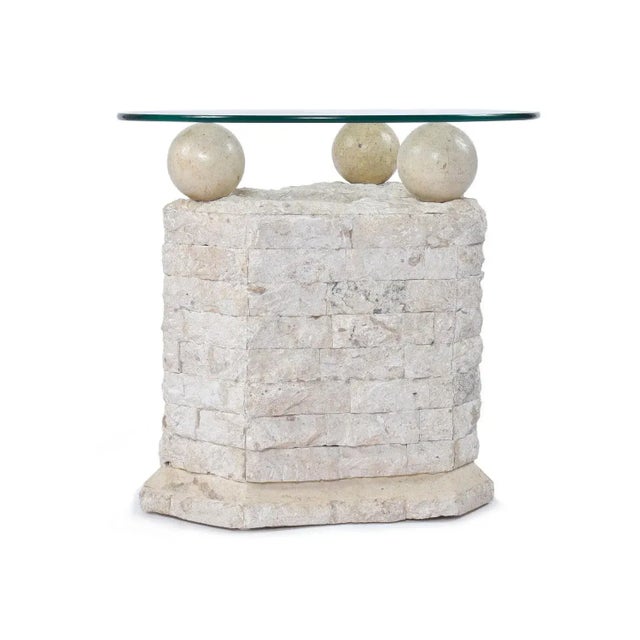 Glass Pair of Tessellated Mactan Stone Side Tables With New Round Glass Tops For Sale - Image 7 of 13