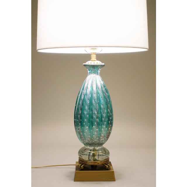 Mid-Century Modern Rare Large Turquoise "Costolato" Barovier Toso Murano Italy Thick Bubble Blown Art Glass Brass Table Lamp 1960s For Sale - Image 3 of 14