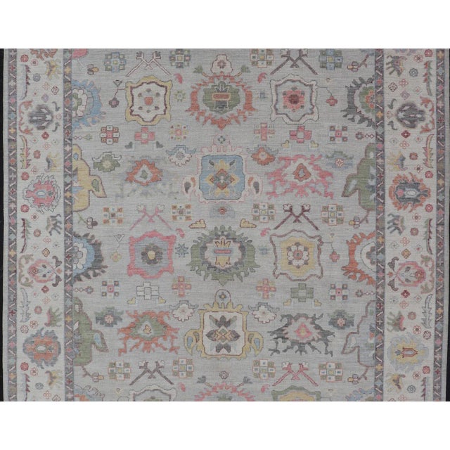 Light Gray Oushak Floral Rug Colorful Mosaic Design by Keivan Woven Arts, 9'1 X 12'4 For Sale - Image 8 of 13