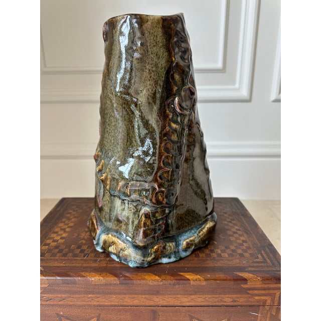 Olive Vintage Large Handcrafted Brutalist Ceramic Vase in Olive Green & Brown For Sale - Image 8 of 18