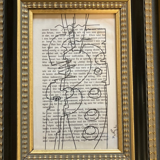 Original pen and ink drawing on vintage book pages. 5x8 and 9.5x12.5 with frame.