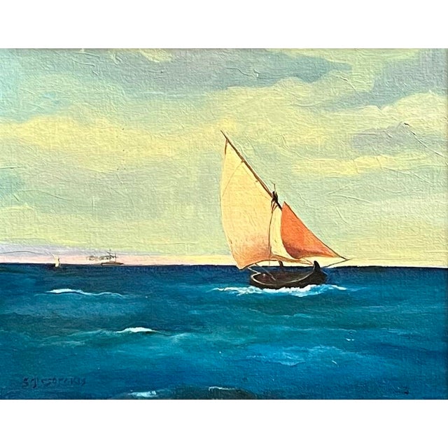 Oil painting on canvas board of a sailing vessel in the foreground, steamer and sloop in the distance by Satori...