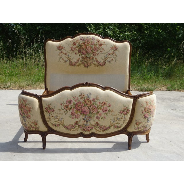 Sleigh Bed in Wood and Jacquard Fabric, 1950 For Sale - Image 9 of 18