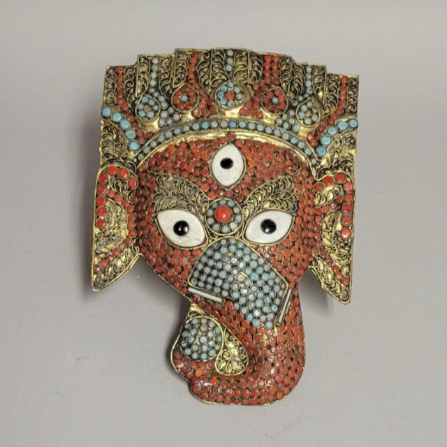 Metal Vintage Nepalese Elephant Ganesh Wall Mask With Gold Gilt, Red & Turquoise Glass Inlay For Sale - Image 7 of 7