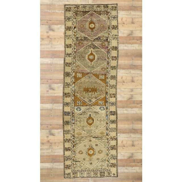Tan Mid 20th Century Vintage Turkish Oushak Runner 03'09 X 11'11 For Sale - Image 8 of 10